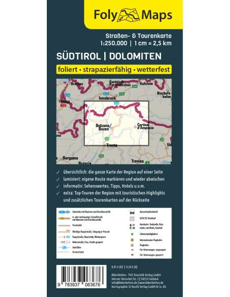 Südtirol - Dolomiten - Dél-Tirol - Dolomitok motoros térkép - laminált  - Biker Betten