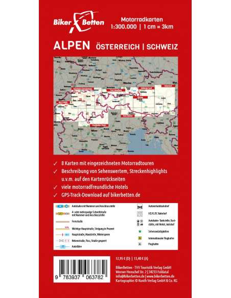 Alpen -  Alpok - Ausztria - Svájc motoros térkép 8 lap - Biker Betten